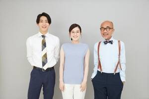 真夜中ドラマ「 イケメン共よ メシを喰え 」(テレビ大阪/BSテレ東 7月9日放送スタート)。(写真左から)細見賢人役:井上祐貴、池田好美役:筧美和子、小路新役:竹中直人。