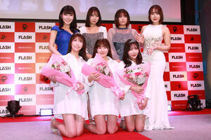 『ミスFLASH』グランプリの集合写真(前列左から)『ミスFLASH2026』板野優花、美波那緒、佐々木明音(後列左から)『ミスFLASH2025』丸山りさ、葵成美、MAHO、鳥海かう(スペシャル賞)(C)Deview